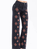 Pockets Pearl Flowers Detailed Wide Leg Denim Pants