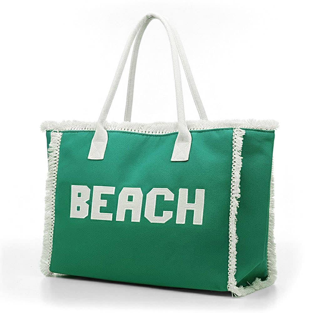 Bold Beach Letter Embroidered Fringe Tote Bag