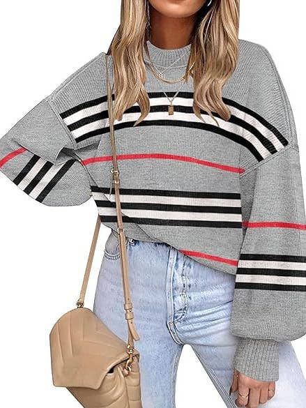 Retro Cozy Multi Striped Lantern Sleeves Knit Sweater