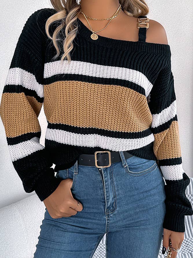 Metal Buckle Color Block Knitting Sweater BJS163