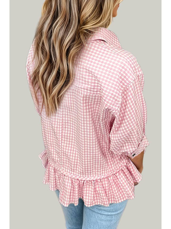 Plaid Half Sleeve Ruffle Hem Button Down Shirt