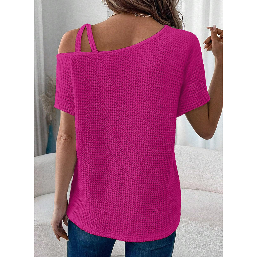 Short Sleeve Color Versatile Off-Shoulder Knit Top AXY048