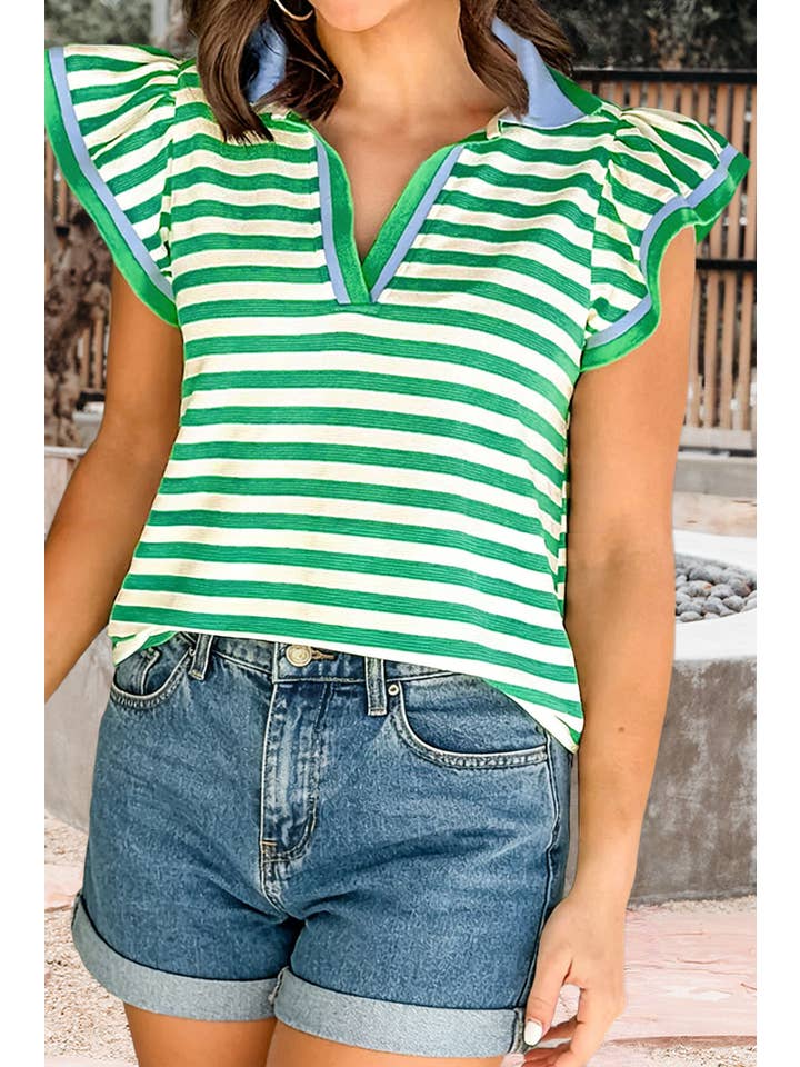 Stripe Contrast Trim Polo Collar Ruffled Sleeve Top (S-Xl)
