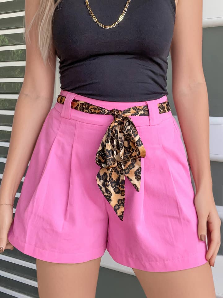 Leopard Contrast Sash Belt Pleated Wide Leg Shorts