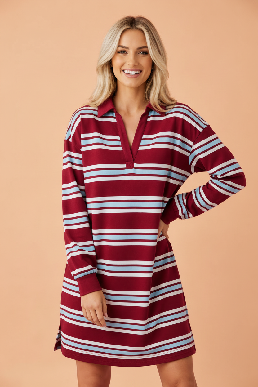 PRETTY BASH Stripe Polo Collar T-Shirt Mini Dress