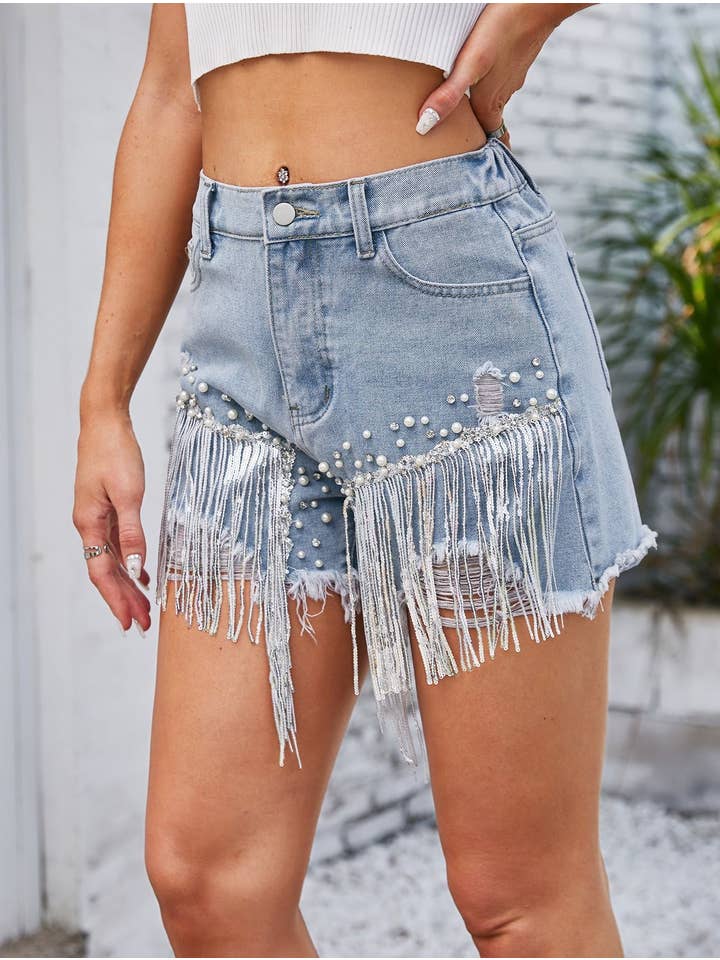 Diamond-Studded Beaded Denim Tassel Shorts