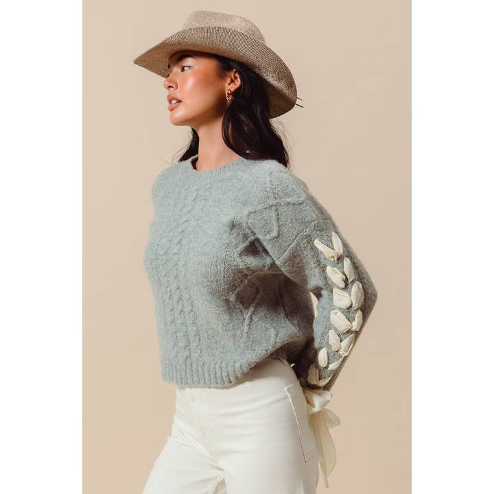 Contrast Lace Up Ribbon Bow Sleeves Cable Knit Top