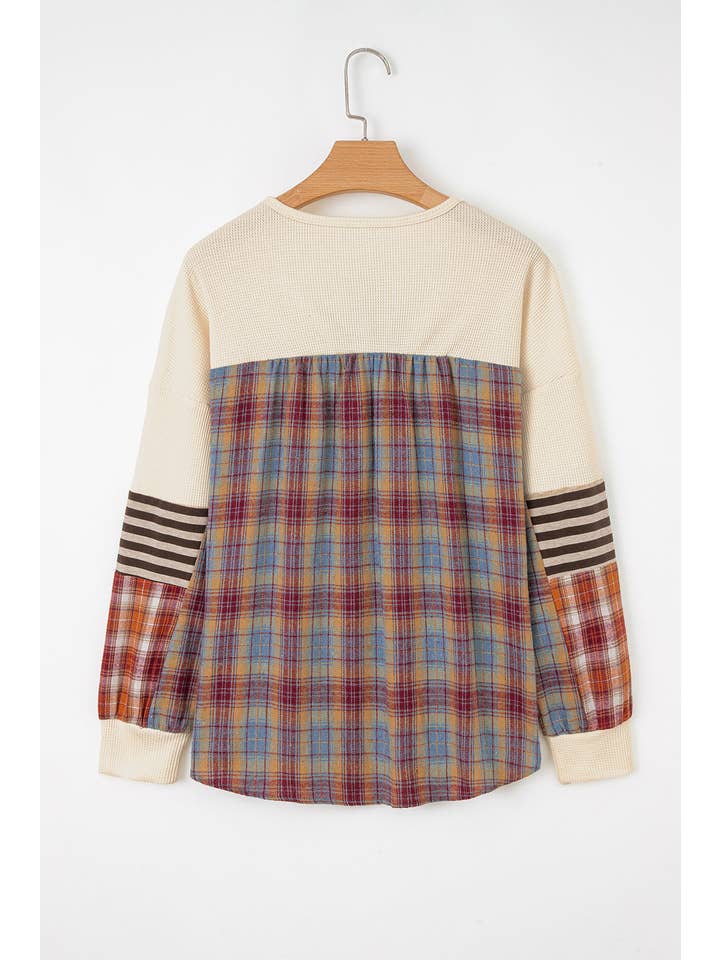 Stripe Plaid Patchwork Waffle Knit Henley Top