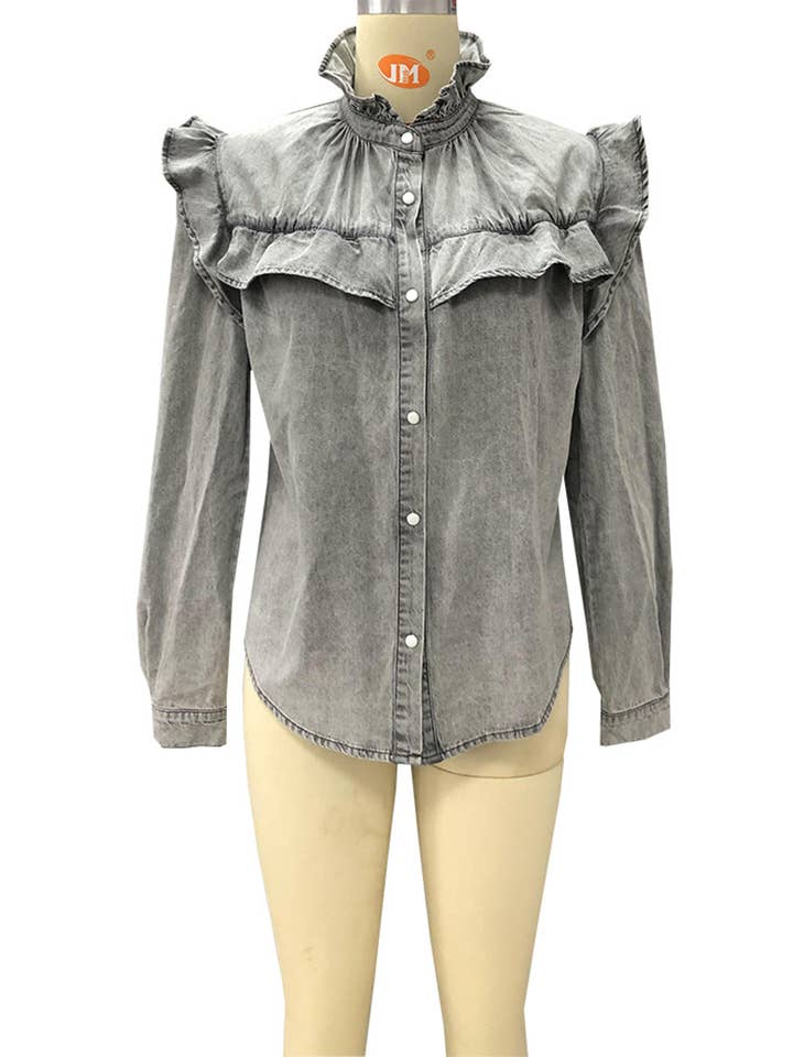 TOPW610 Ruffle Button Closure Denim Blouse Top Women