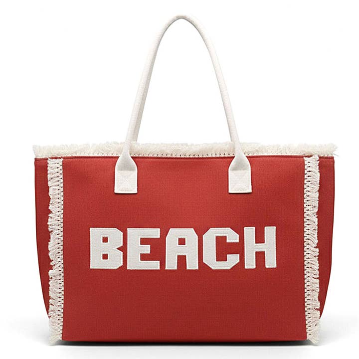 Bold Beach Letter Embroidered Fringe Tote Bag