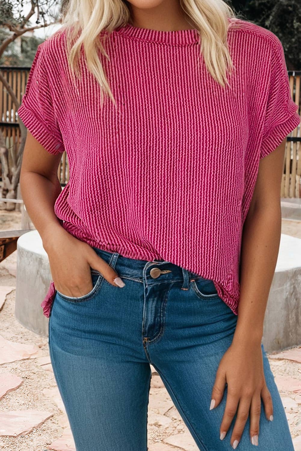 66Spring 2026 Textured Knit Exposed Stitching T-Shirt (S-Xl)
