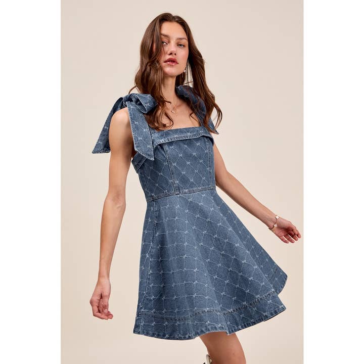 A Line Fit and Flare Diamond Ribbon Denim Dress