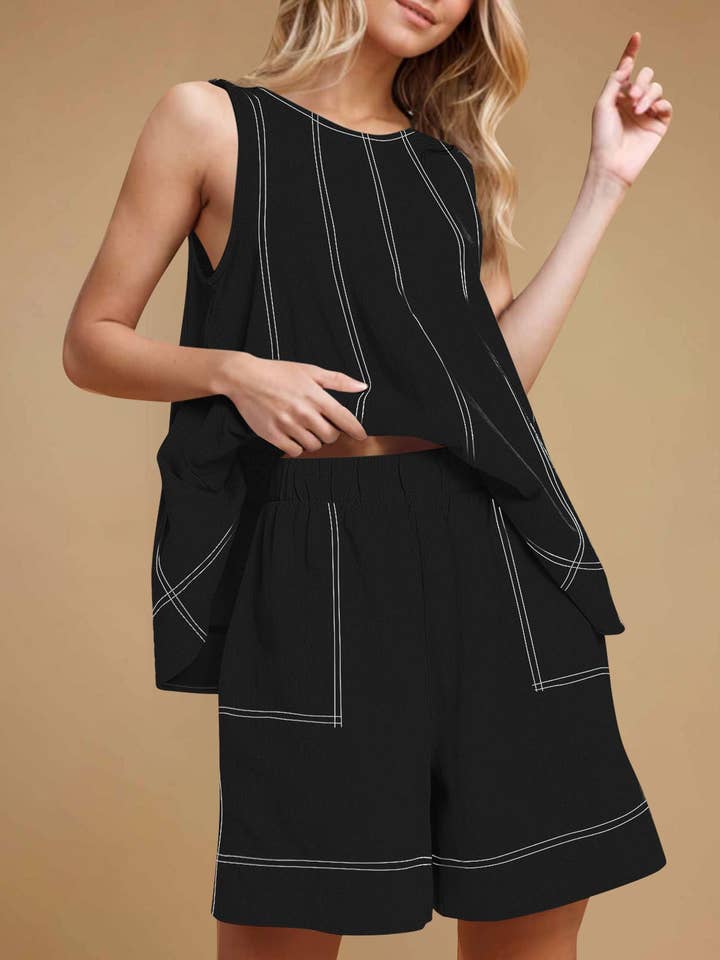 Casual Summer Contrast Stitch Tank Top and Shorts Set