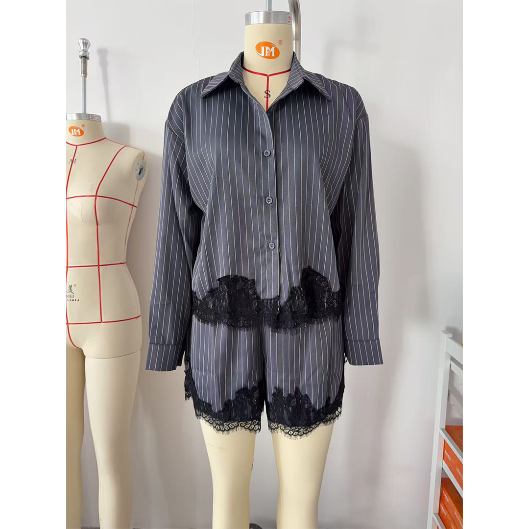 Lace Patchwork Shirt Drawstring Shorts 2-Piece Set GZDY067