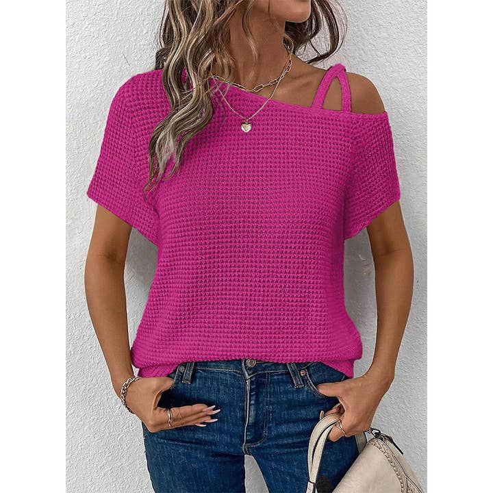 Short Sleeve Color Versatile Off-Shoulder Knit Top AXY048