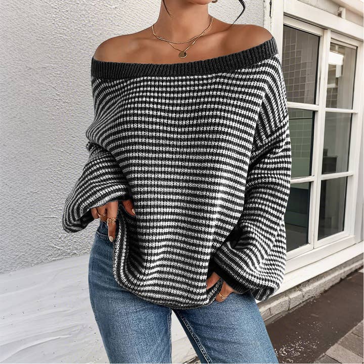 Drop Shoulders Round Neck Striped Pullover Sweater ZK3688