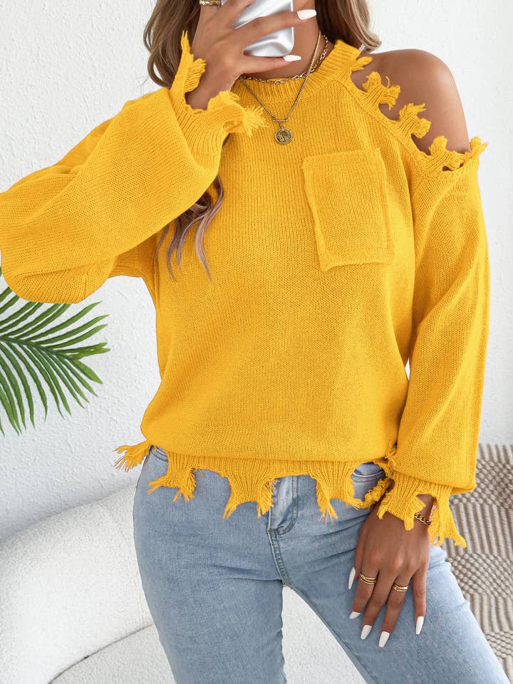 Off-Shoulder Ripped Fringe Pullover Sweater