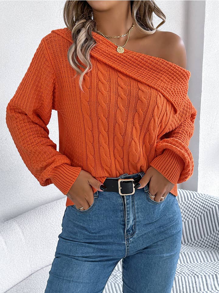 Collar Off Shoulder Long Sleeved Pullover Sweater