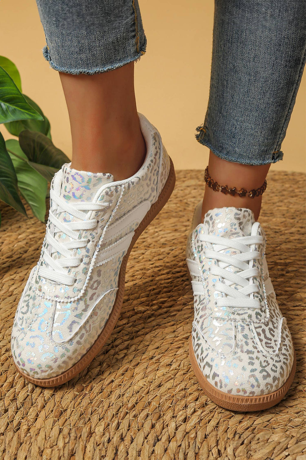 Ldc Leather Detail Shimmer Leopard Printed Lace-Up Sneakers