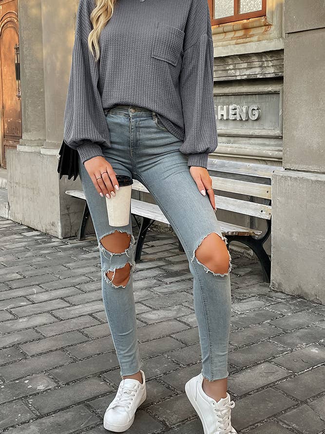 Waffle Knit Crisscross Straps Long Sleeve Blouse BFZY194