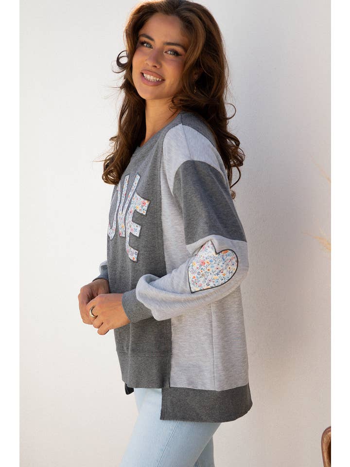 Love Reverse Seam Patchwork Long Sleeve Sweatshirt