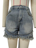 Trendy Studded Raw-Edged Denim Shorts