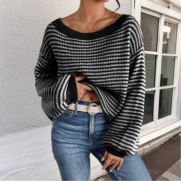 Drop Shoulders Round Neck Striped Pullover Sweater ZK3688