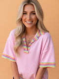PRETTY BASH Rainbow Stripe Ribbed Patchwork Oversize Tee