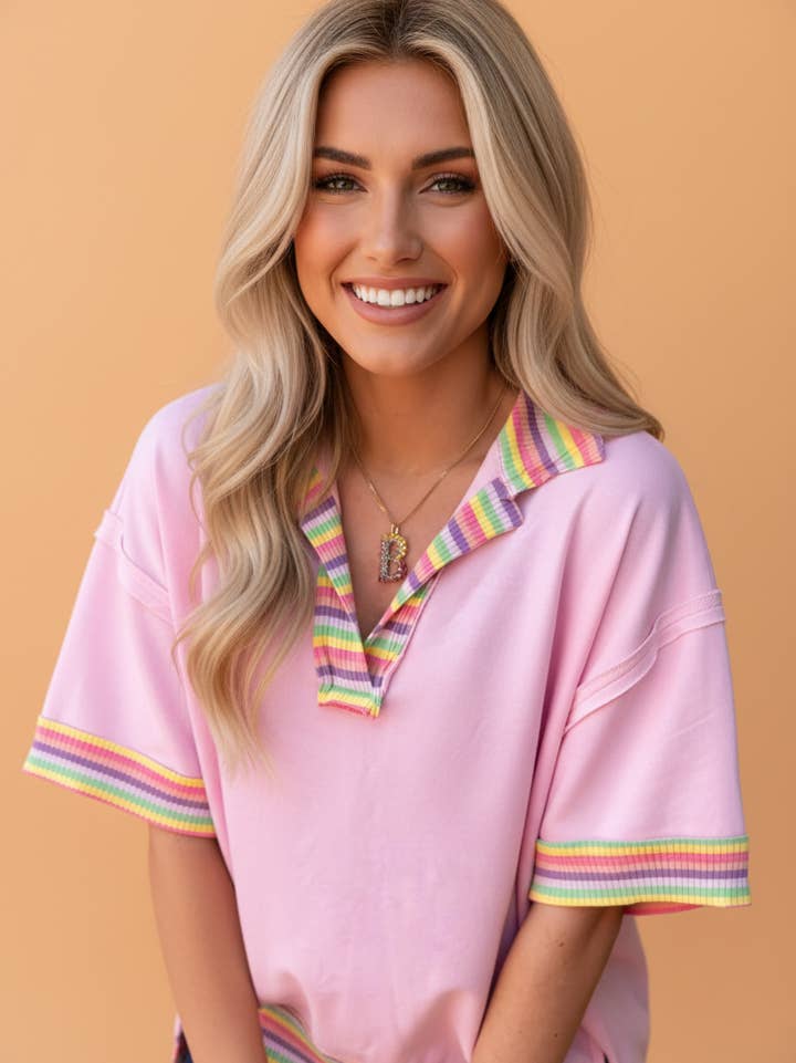 PRETTY BASH Rainbow Stripe Ribbed Patchwork Oversize Tee