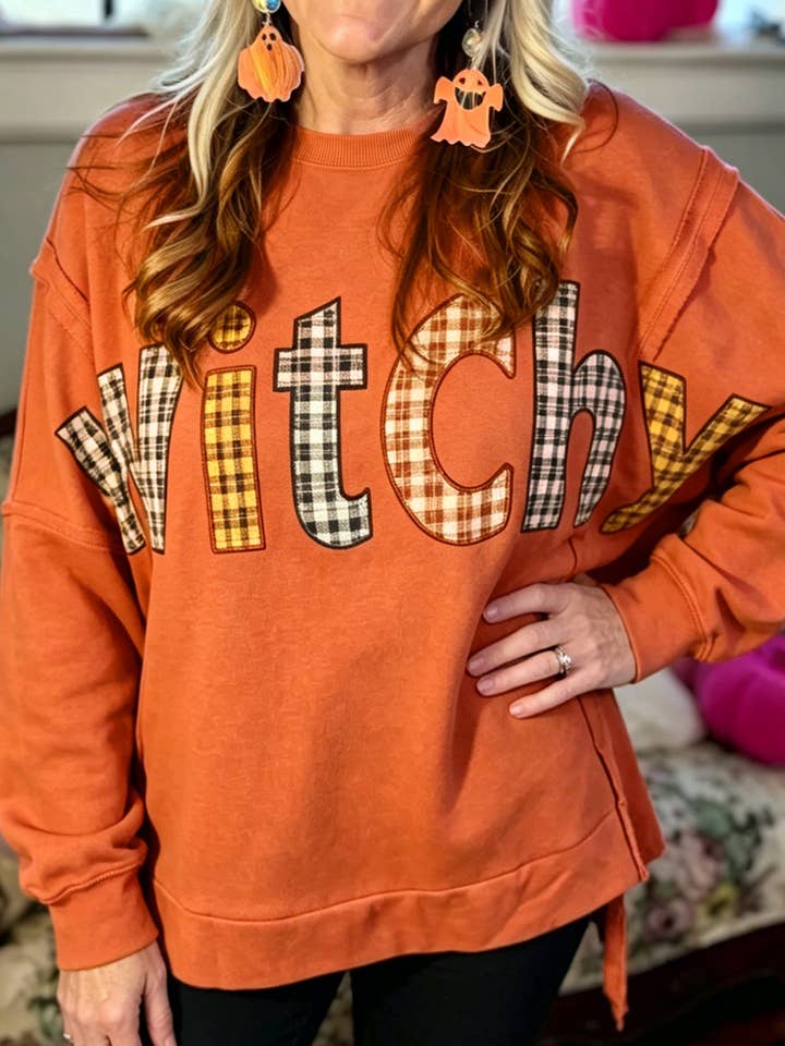 Flamingo Halloween Witchy Plaid Slogan Embroidered Tunic Sweatshirt