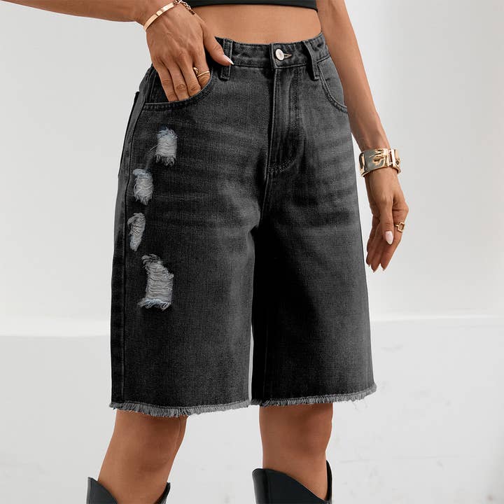 Distressed Frayed Tassel Knee-Length Denim Shorts MN125