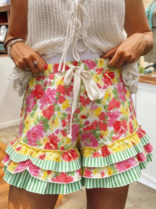 Polka Dots Floral Print Multi-Layer Ruffle Shorts Summer