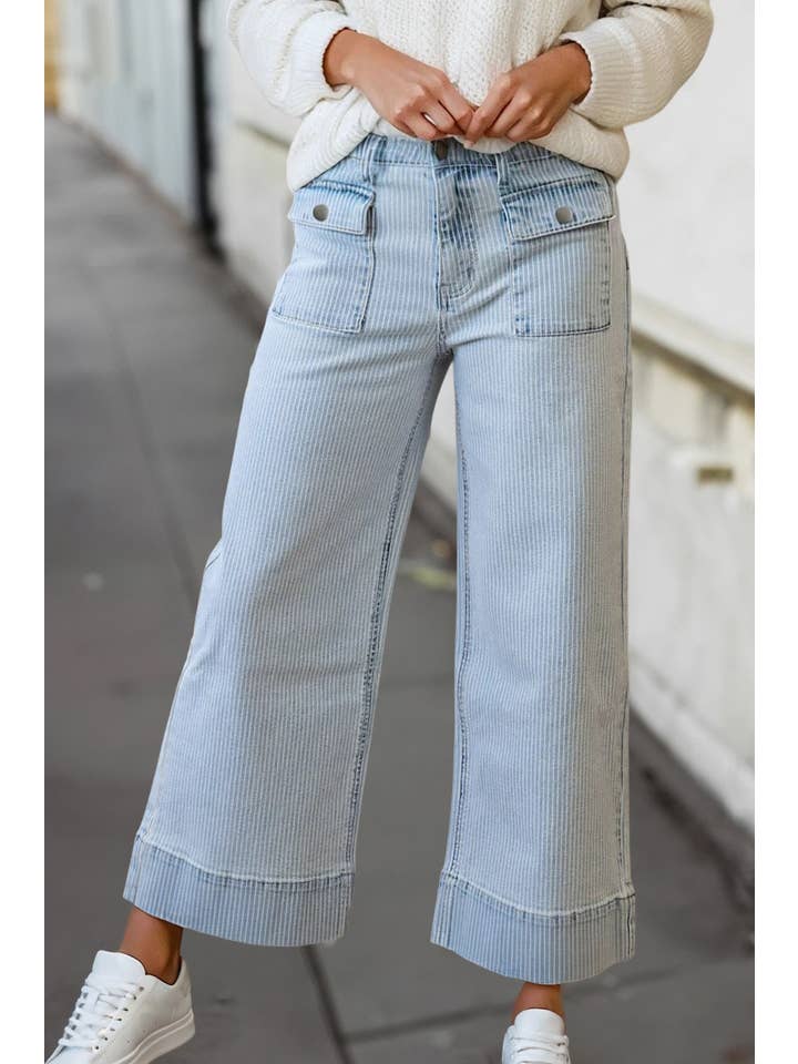 Casual Flap Pocket Cuffed Hem Wide Leg Jeans | 4-16
