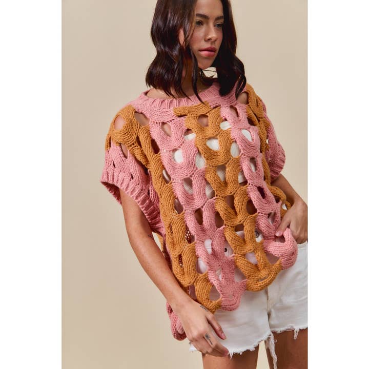 Color Block Open Knit Sweater Vest Top