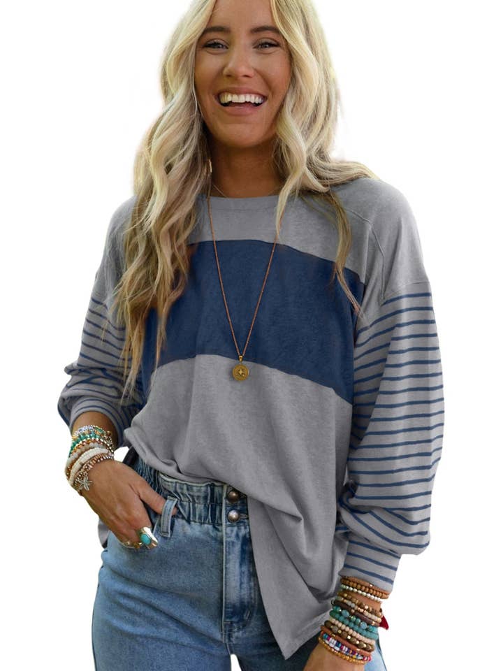 Striped Colorblock Long Sleeve Casual Top For Women