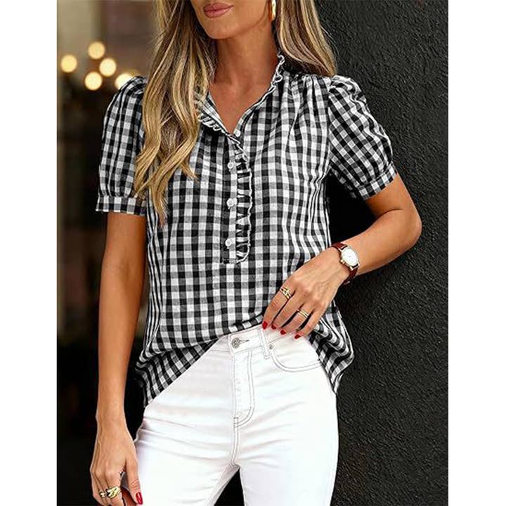 Plaid Puff Sleeve Ruffle Collar Button-Up Shirt ASJP164
