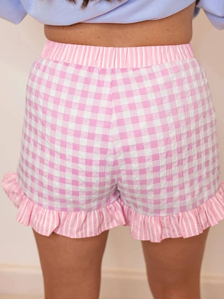 Pink Gingham Print Ruffled Shorts