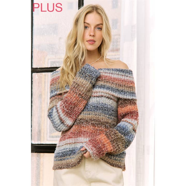 Plus Multi Color Stiped Off Shoulder Pullover Sweater