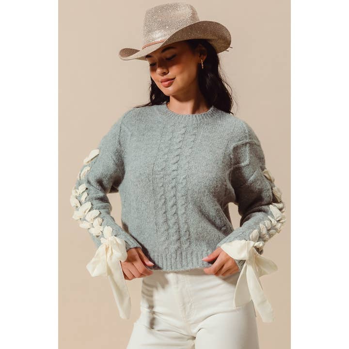 Contrast Lace Up Ribbon Bow Sleeves Cable Knit Top