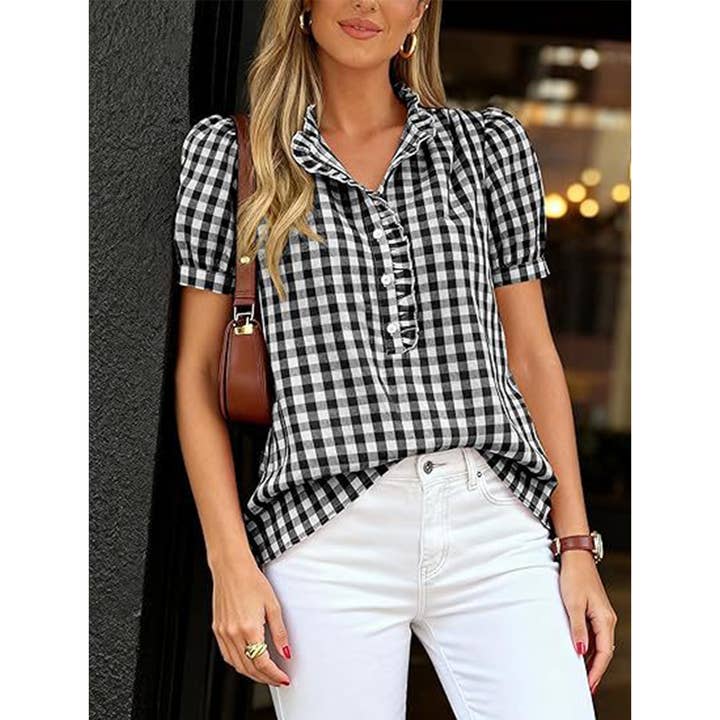 Plaid Puff Sleeve Ruffle Collar Button-Up Shirt ASJP164
