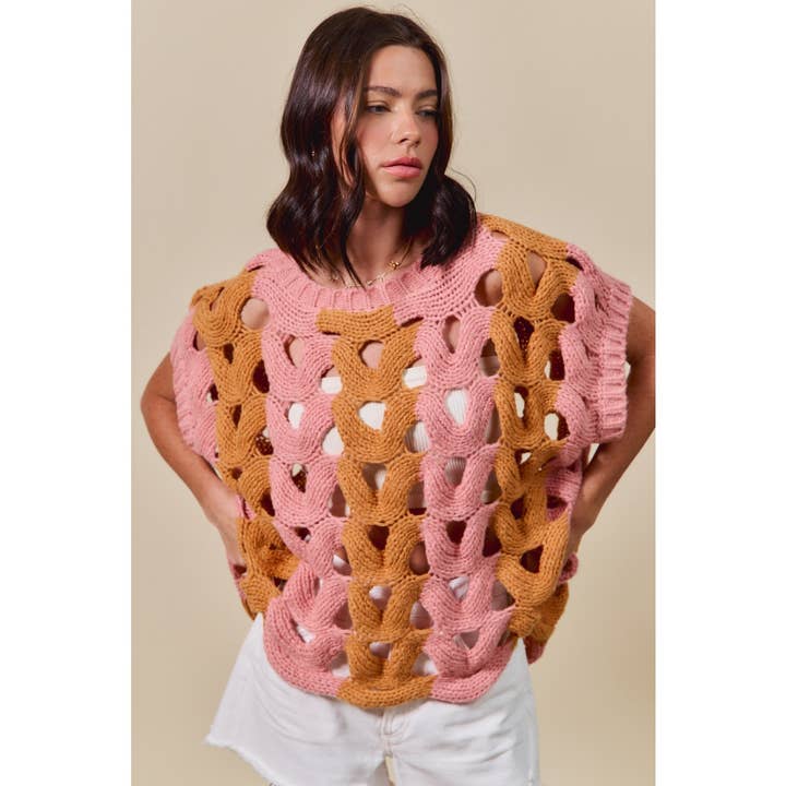 Color Block Open Knit Sweater Vest Top