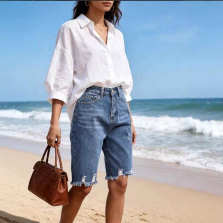 Women Ripped Denim Frayed Tassel Knee Length Shorts