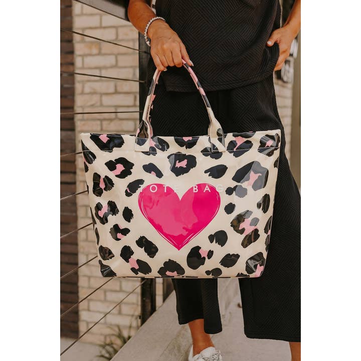 Leopard Print Pvc Tote Bag with Heart Design For All Seasons