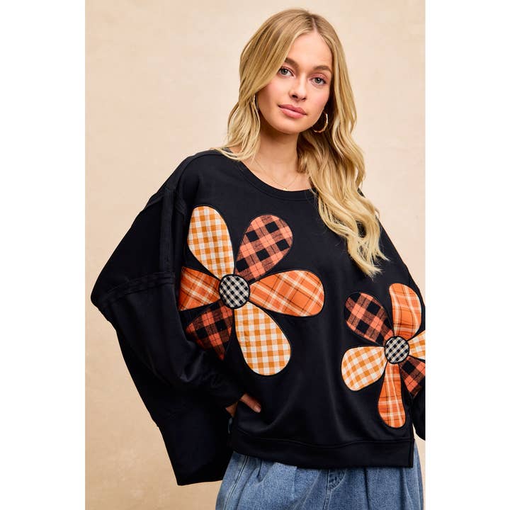 Plaid Mix Flower Patchwork French Terry Sweatshirt
