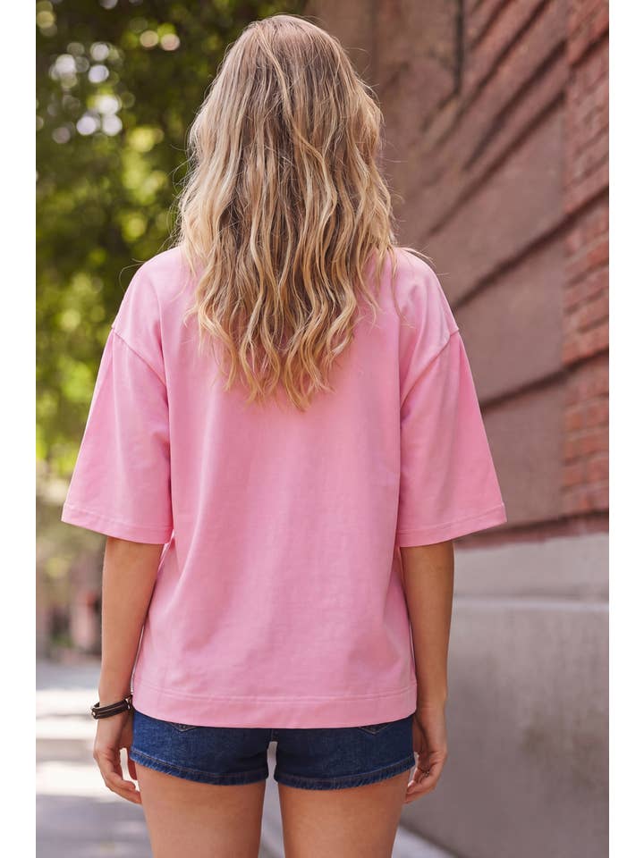 Summer Solid Color Raw Edge Bow Patch Loose T Shirt