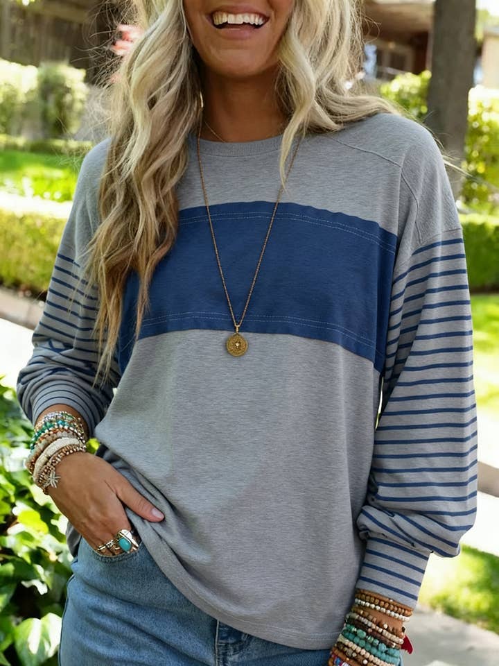 Striped Colorblock Long Sleeve Casual Top For Women