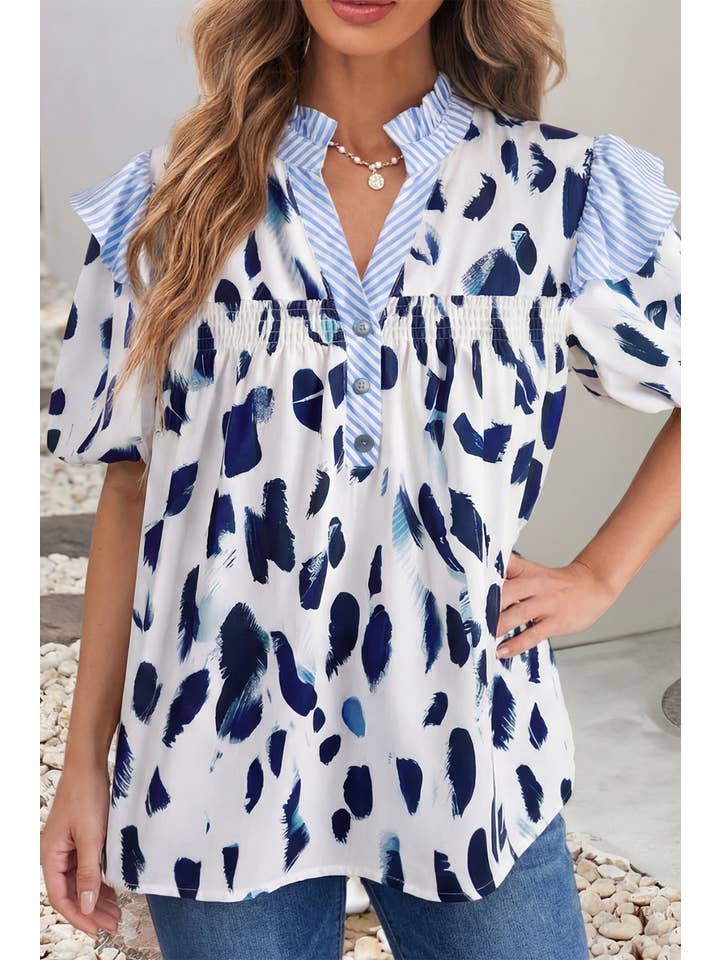Ldc Abstract Animal Print Striped Ruffle Trim V Neck Blouse