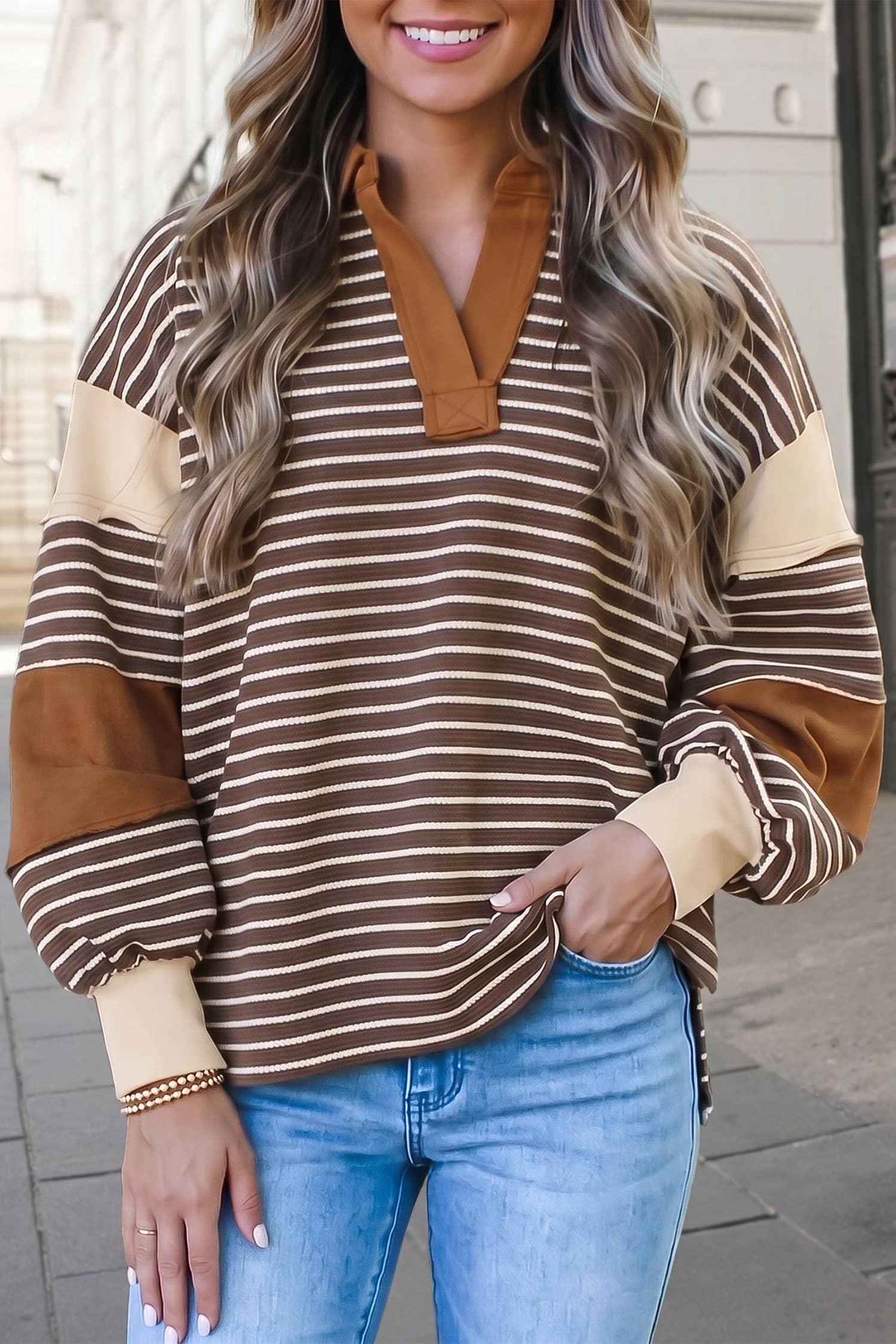 Striped Print Polo Neck Loose Pullover Sweatshirt | S-Xl