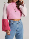 Color Block Mock Neck Raglan Sleeve Crop Sweater