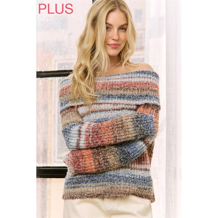 Plus Multi Color Stiped Off Shoulder Pullover Sweater